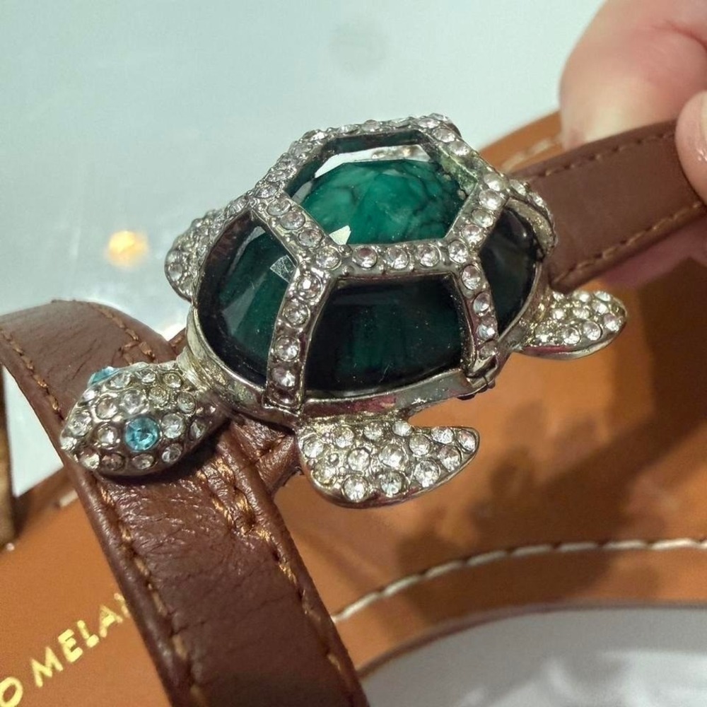 Antonio Melani brown leather sandals with green gemstone and rhinestone turtles